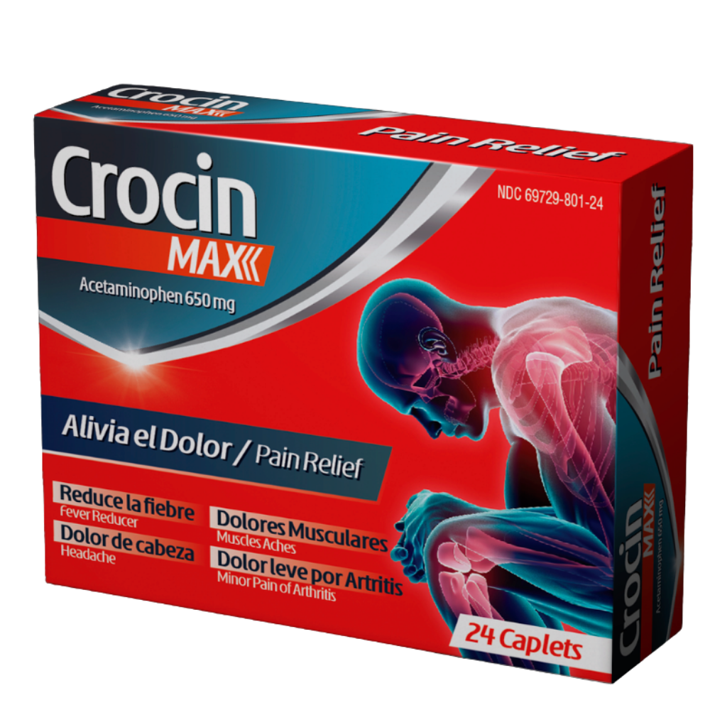 Crocin Max product box — 24 caplets of acetaminophen 650mg